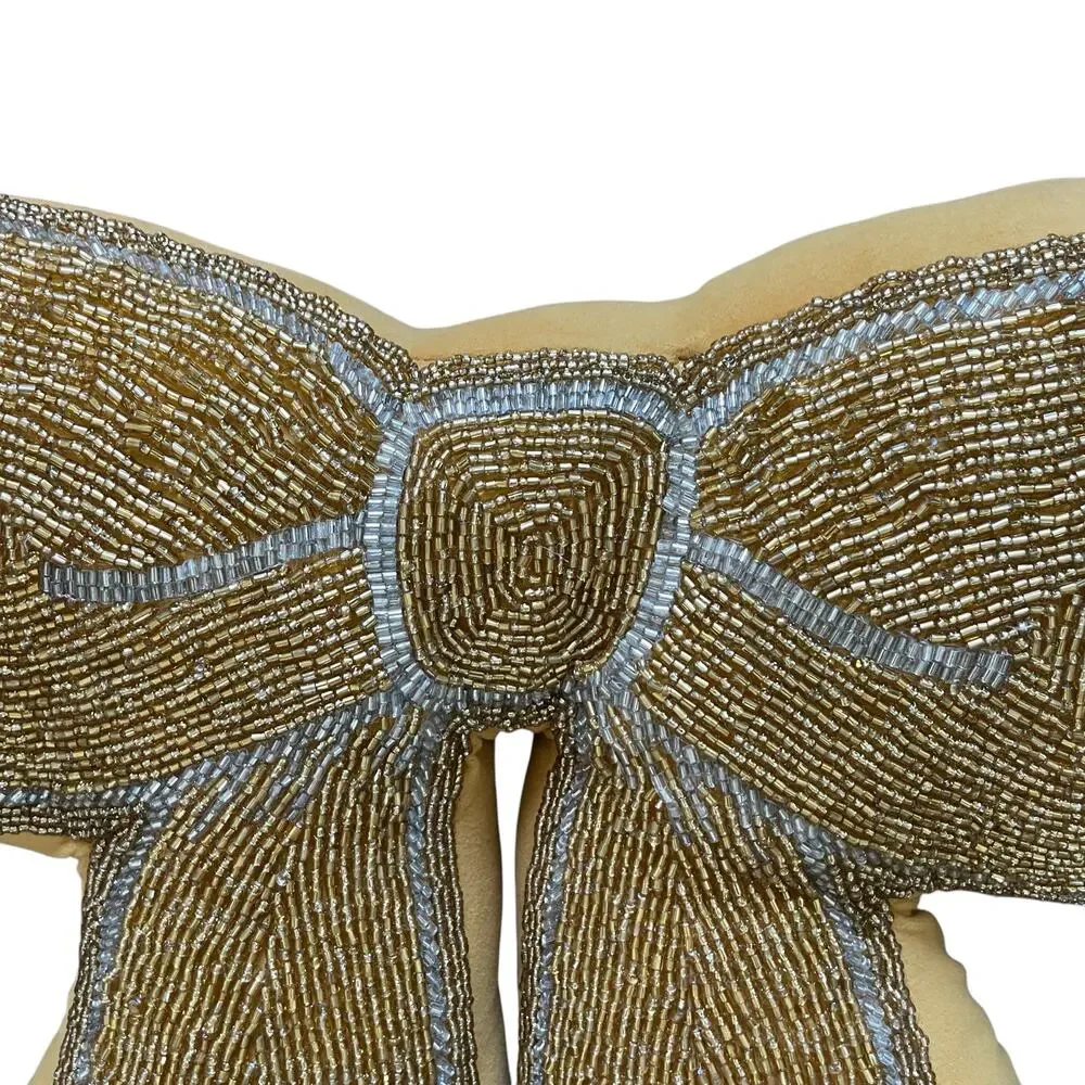 Glitz & Glimmer Beaded Gold Velvet Bow Pillow Holiday Glam Designer Decor New